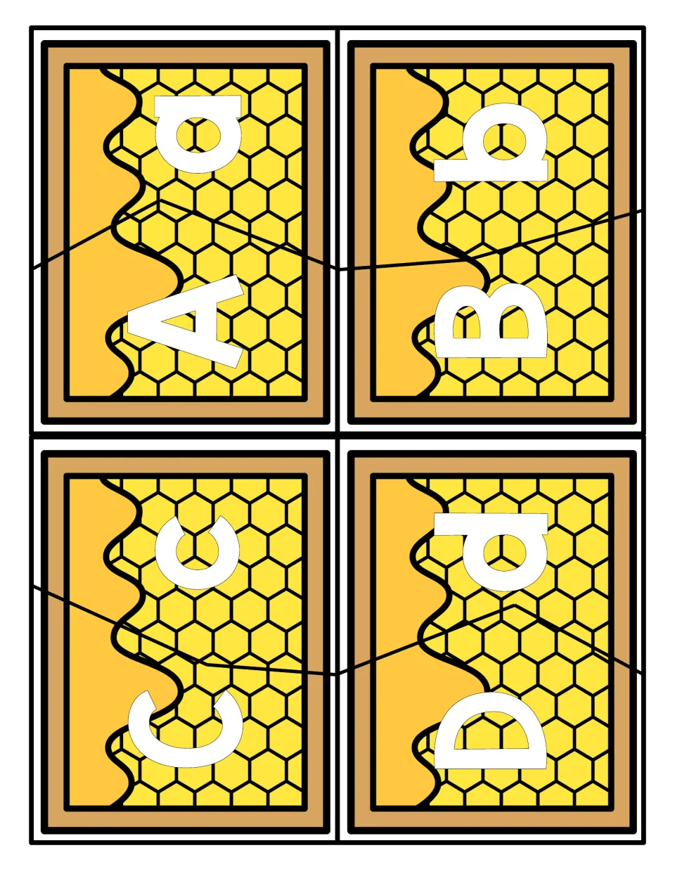 Letters A to D matching: honeycomb cards split by a wavy cut into two pieces, uppercase on one and lowercase on the other