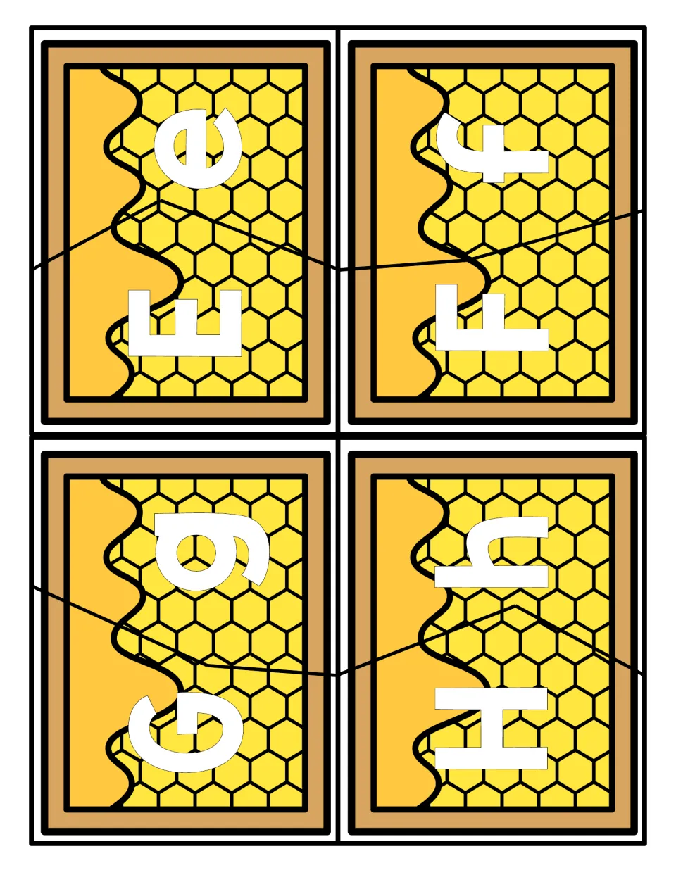 Letters E to H puzzles: students join two honeycomb pieces so each capital E, F, G and H meets its lowercase partner