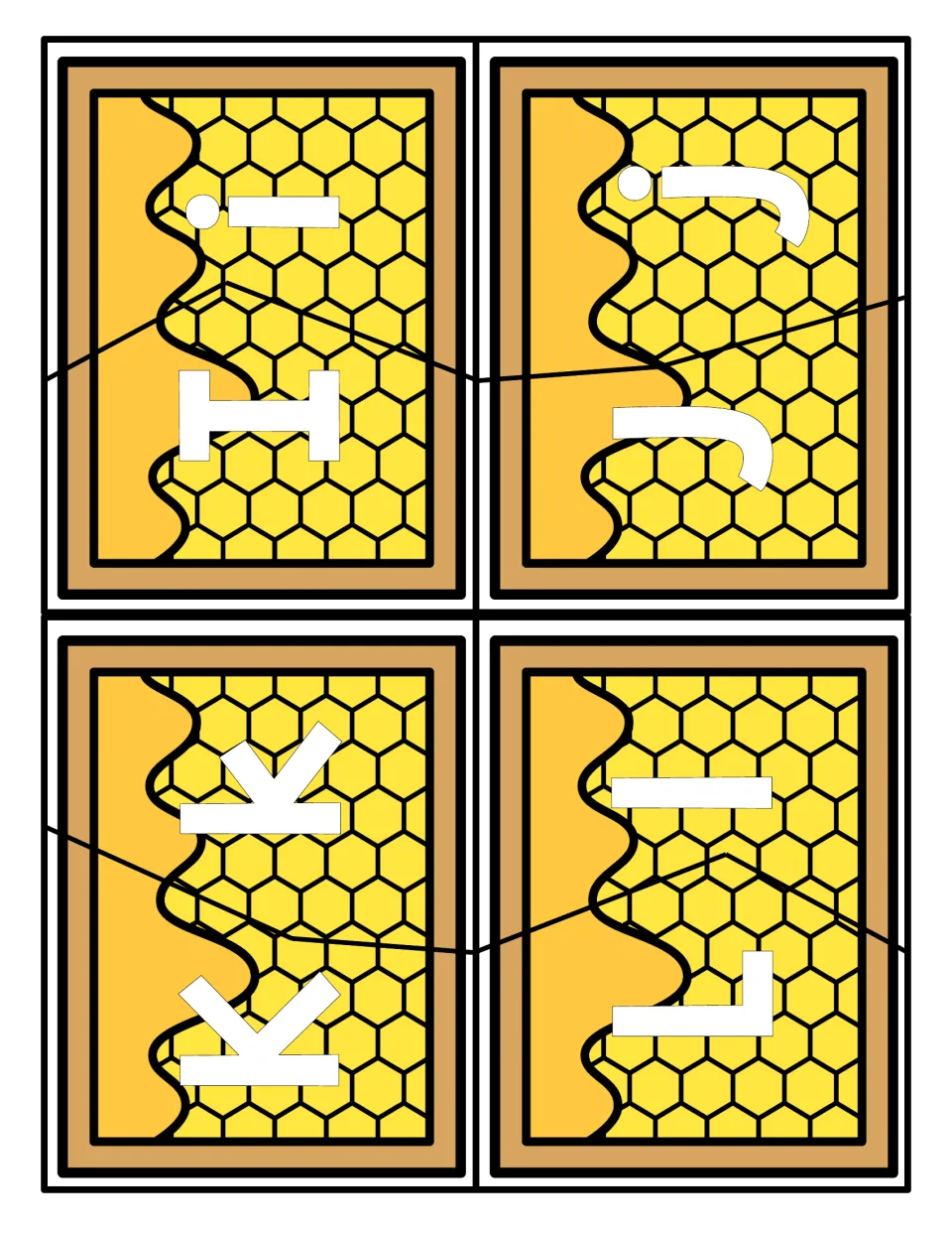 Letters I to L puzzles: two-piece honeycomb cards pairing uppercase I, J, K and L with lowercase i, j, k and l