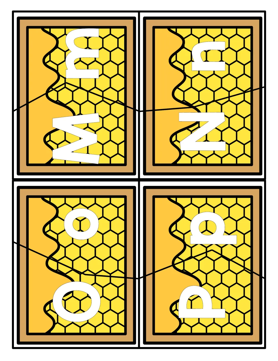 Letters M to P puzzles: students fit together honeycomb halves to match capital M, N, O and P with lowercase m, n, o, p