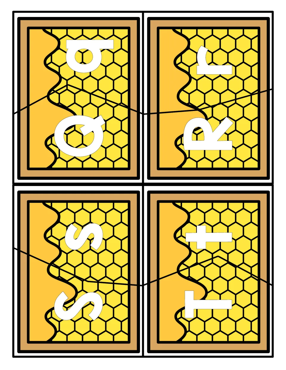 Letters Q to T puzzles: honeycomb cards cut in two so students match uppercase Q, R, S and T to their lowercase pieces