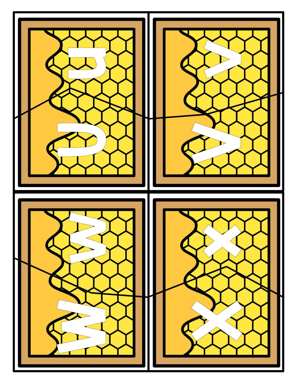 Letters U to X puzzles: students pair honeycomb pieces showing capital U, V, W and X with lowercase u, v, w and x