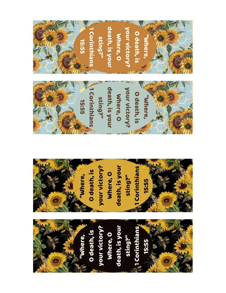 Four 1 Corinthians 15:55 bookmarks reading "Where, O death, is your victory?" on sunflower, bee and honeycomb art
