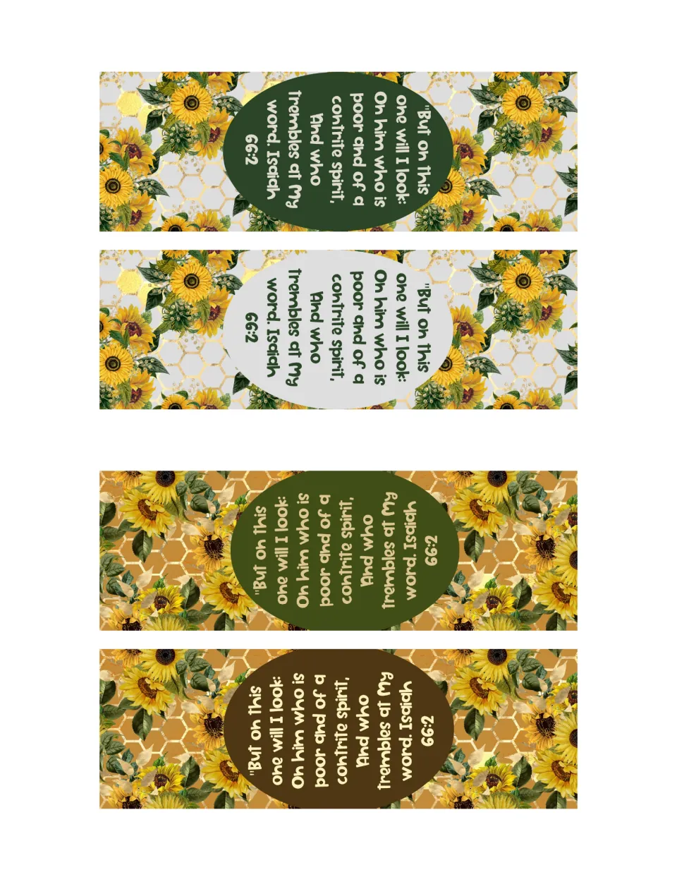 Four Isaiah 66:2 bookmarks quoting "on him who is poor and of a contrite spirit" on sunflower and honeycomb art