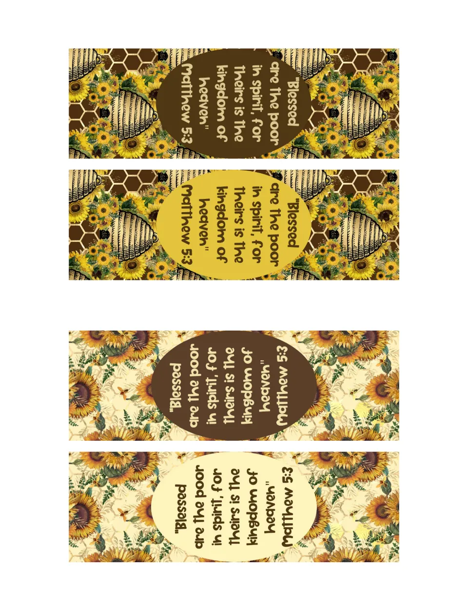 Four Matthew 5:3 bookmarks reading "Blessed are the poor in spirit" on beehive, sunflower and honeycomb art