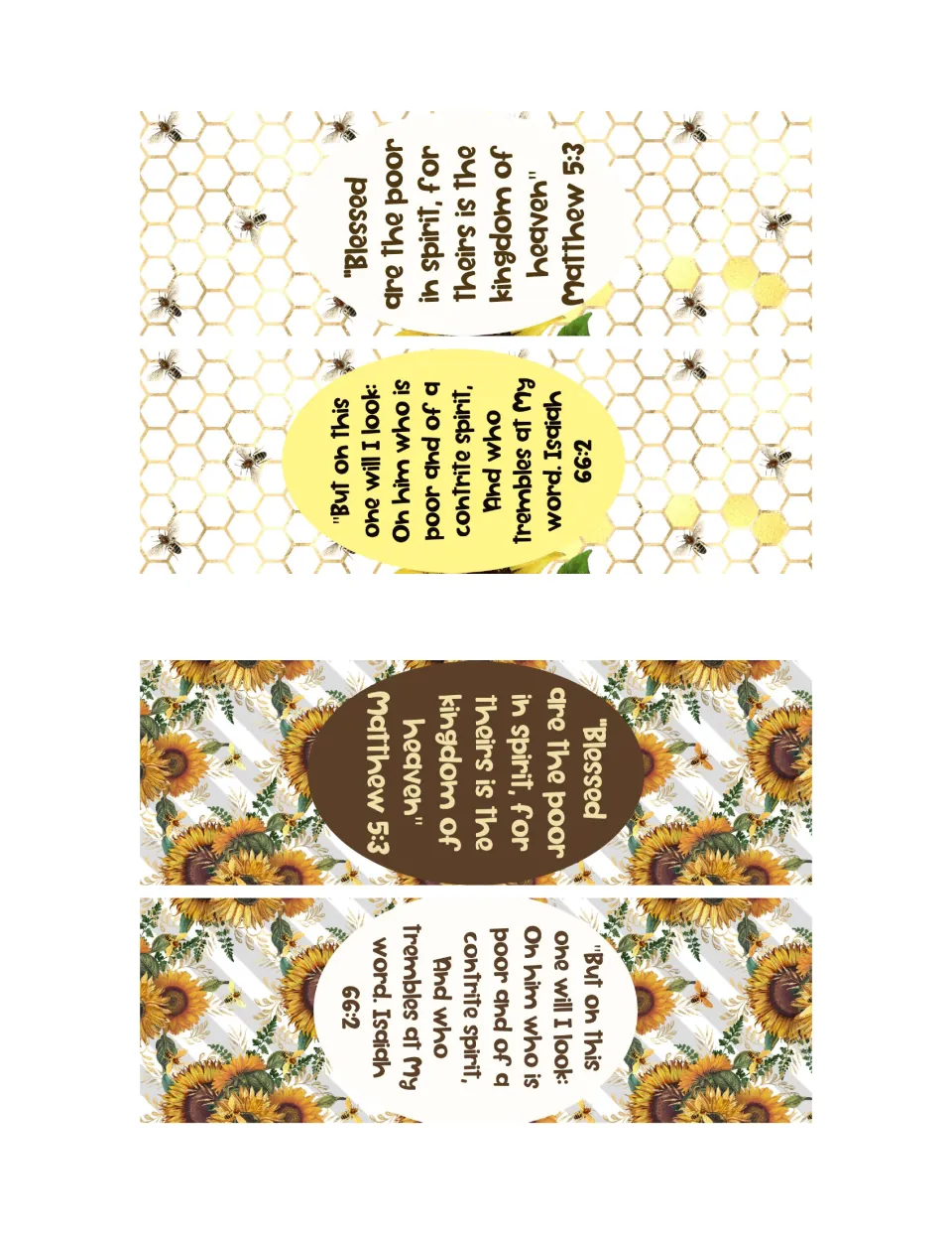 Mixed bookmarks: two Matthew 5:3 and two Isaiah 66:2 designs on honeycomb with bees and on striped sunflower art