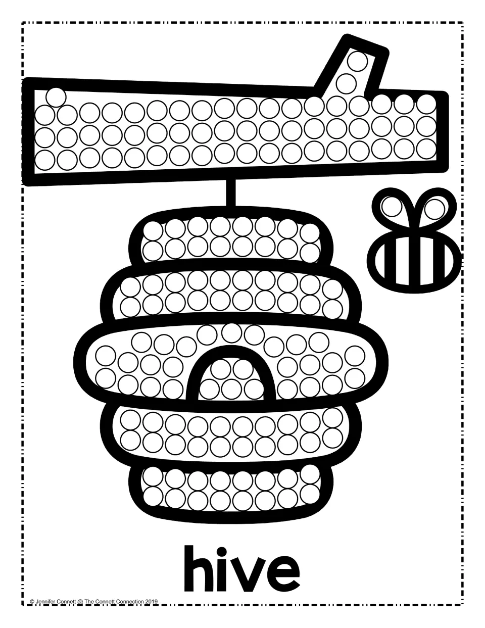 Hive dot painting: students dab dot markers in the circles on a beehive hanging from a branch, with a small bee nearby