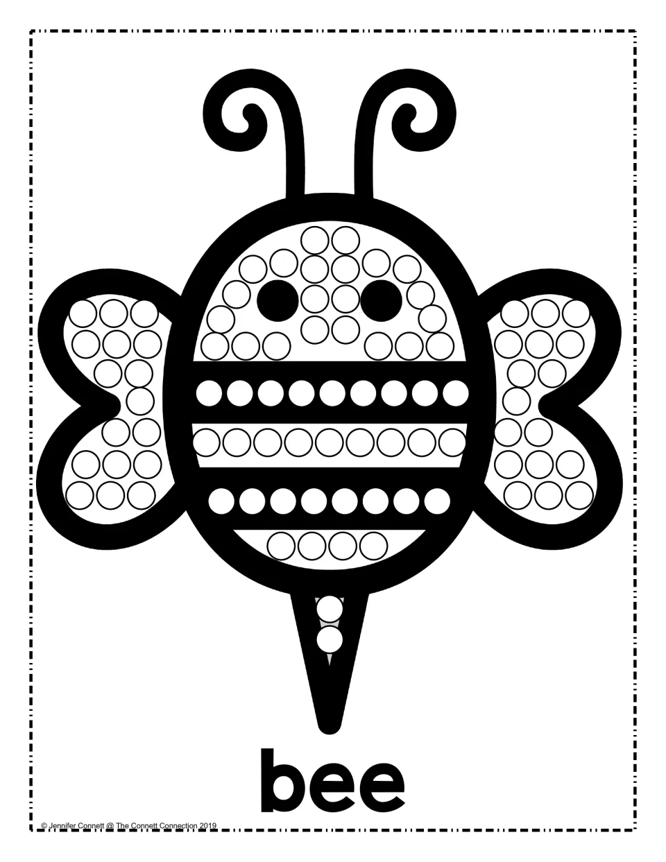 Bee dot painting: students fill the circles on a smiling bee's body, stripes and wings with dot markers, labeled bee