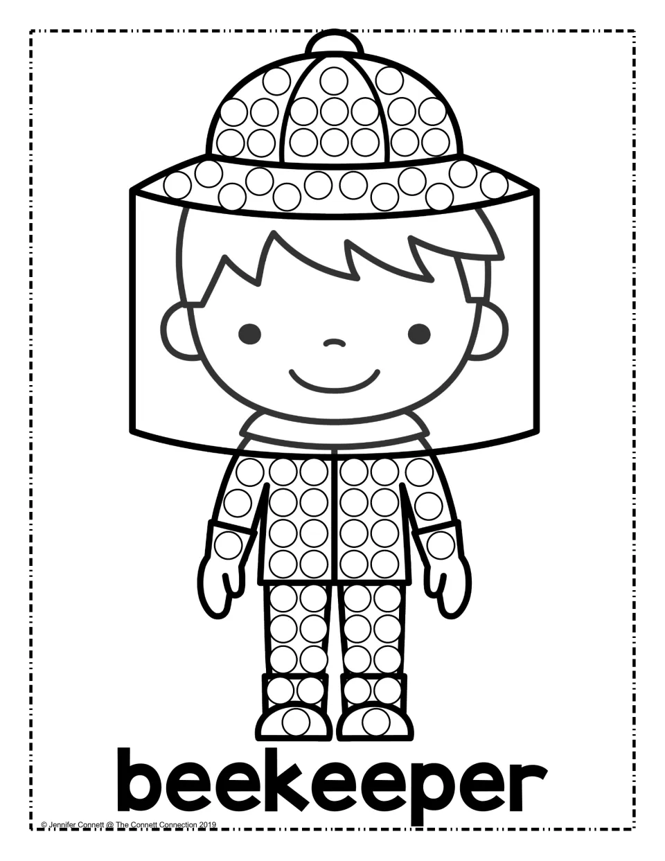 Beekeeper dot painting: students dab circles on a boy beekeeper's veiled hat and suit with dot markers, labeled beekeeper