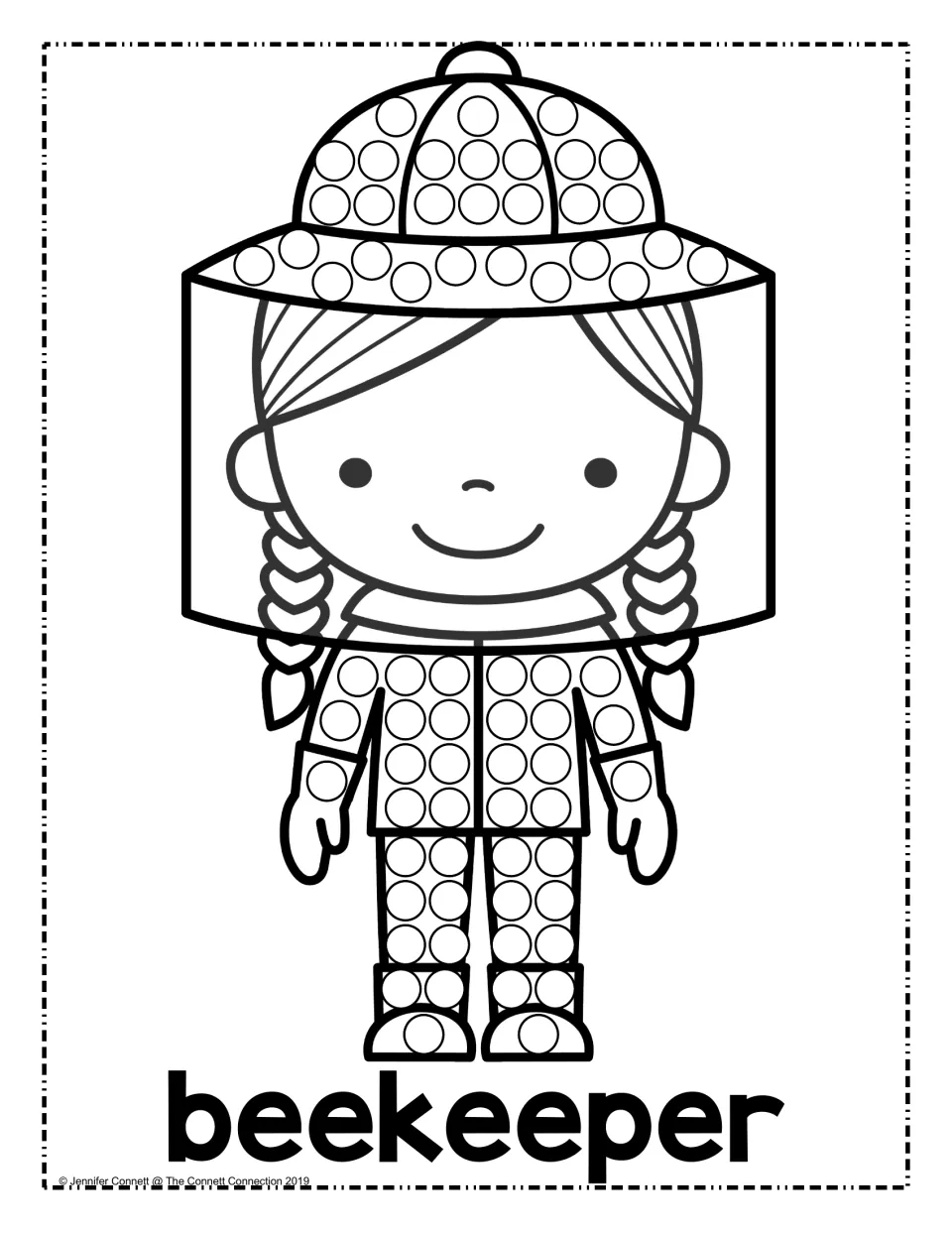 Beekeeper dot painting: students fill circles on a girl beekeeper's hat, suit and boots with dot markers, labeled beekeeper