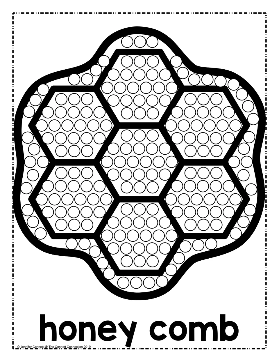 Honeycomb dot painting: students dab dot markers in circles across seven hexagon cells and wavy edge, labeled honey comb