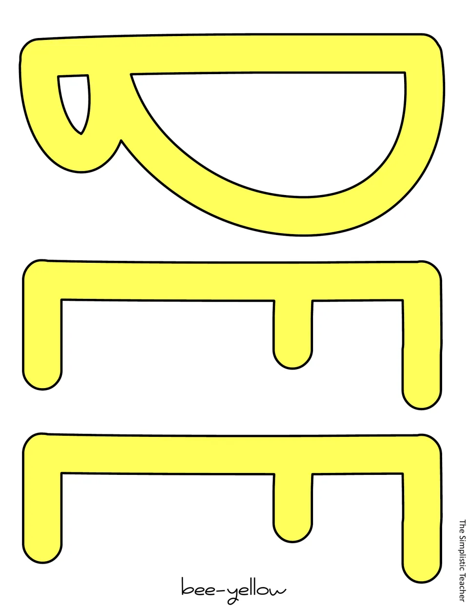 Yellow letters B, E, and E to cut out for “BEE” in the spring kindness display, labeled “bee-yellow”