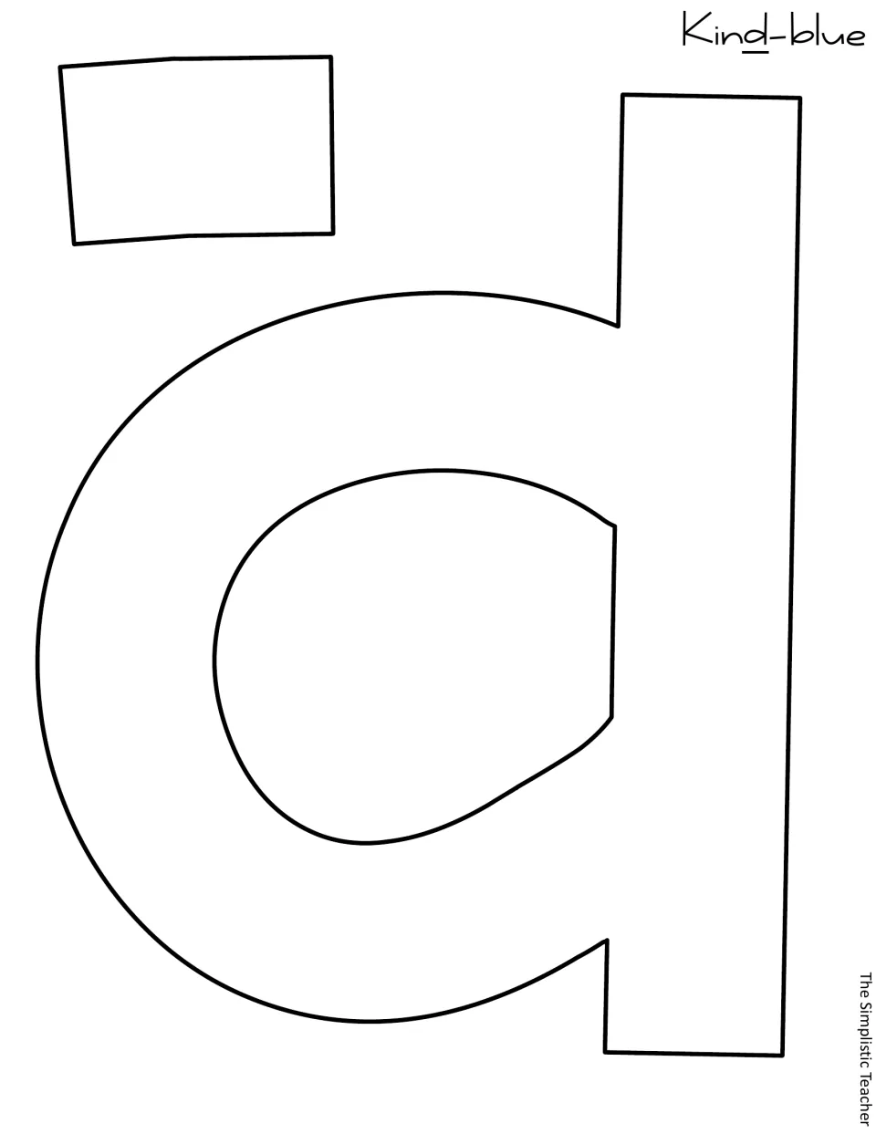 Outline lowercase d and comma to cut out for “kind,” in the spring kindness display, labeled “Kind-blue”