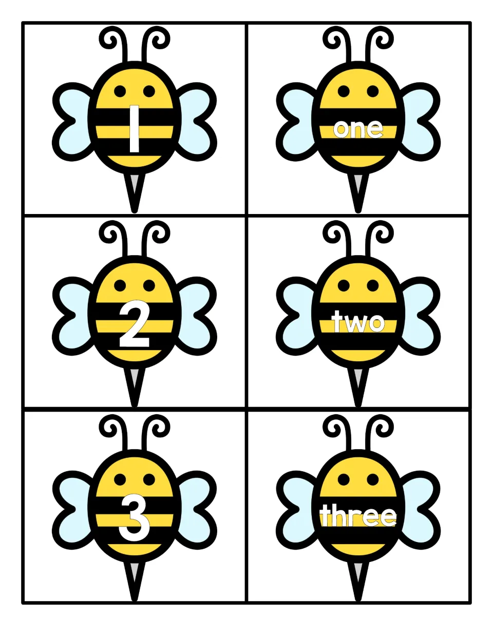 Numbers 1 to 3: bee cards pair each numeral with its number word, one, two and three, for matching numerals to words