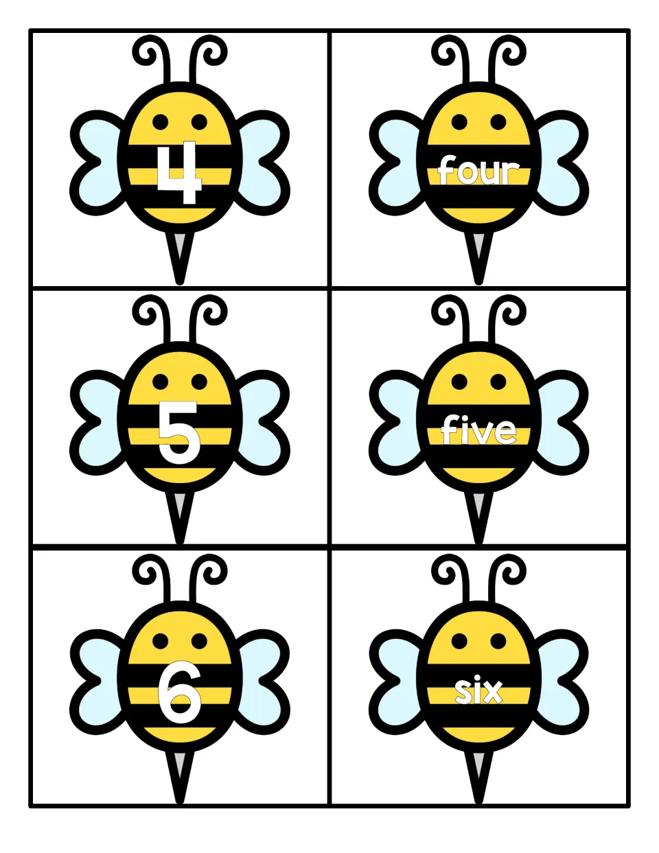Numbers 4 to 6: cartoon bees show numerals 4, 5 and 6 next to bees with the words four, five and six for word matching