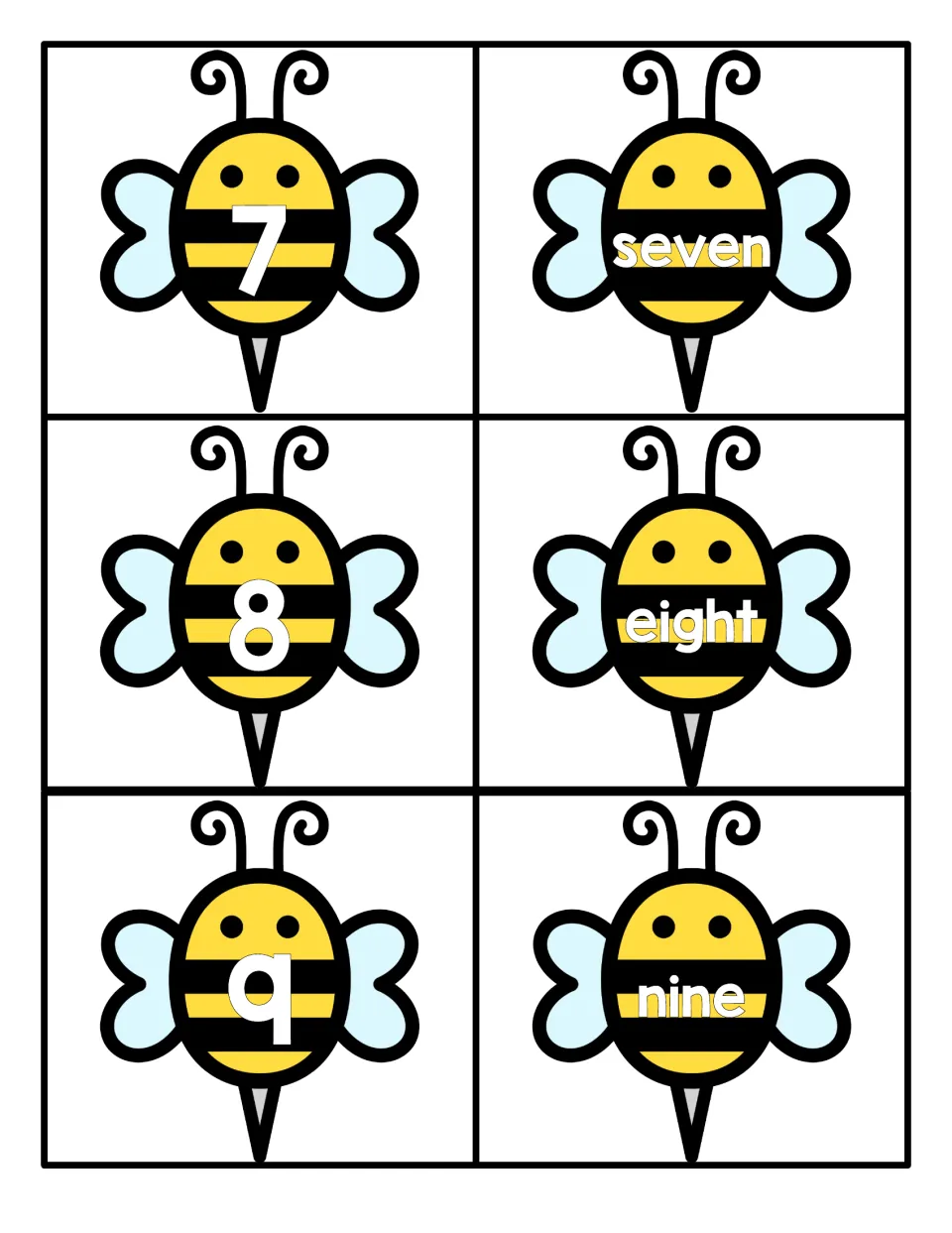Numbers 7 to 9: bee cards with numerals 7, 8 and 9 alongside partner bees spelling seven, eight and nine to match up