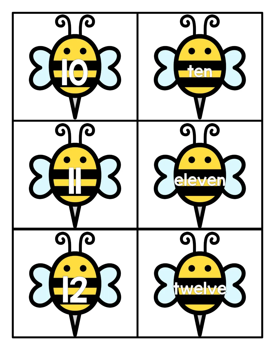Numbers 10 to 12: bees showing numerals 10, 11 and 12 pair with bees reading ten, eleven and twelve for matching