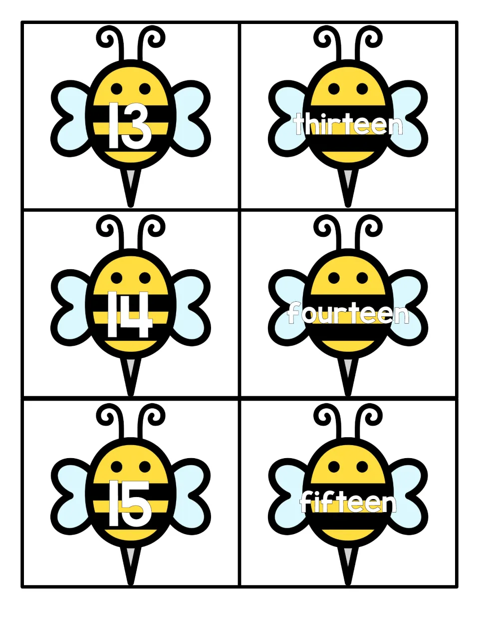 Teen numbers 13 to 15: bee cards match numerals 13, 14 and 15 with the words thirteen, fourteen and fifteen