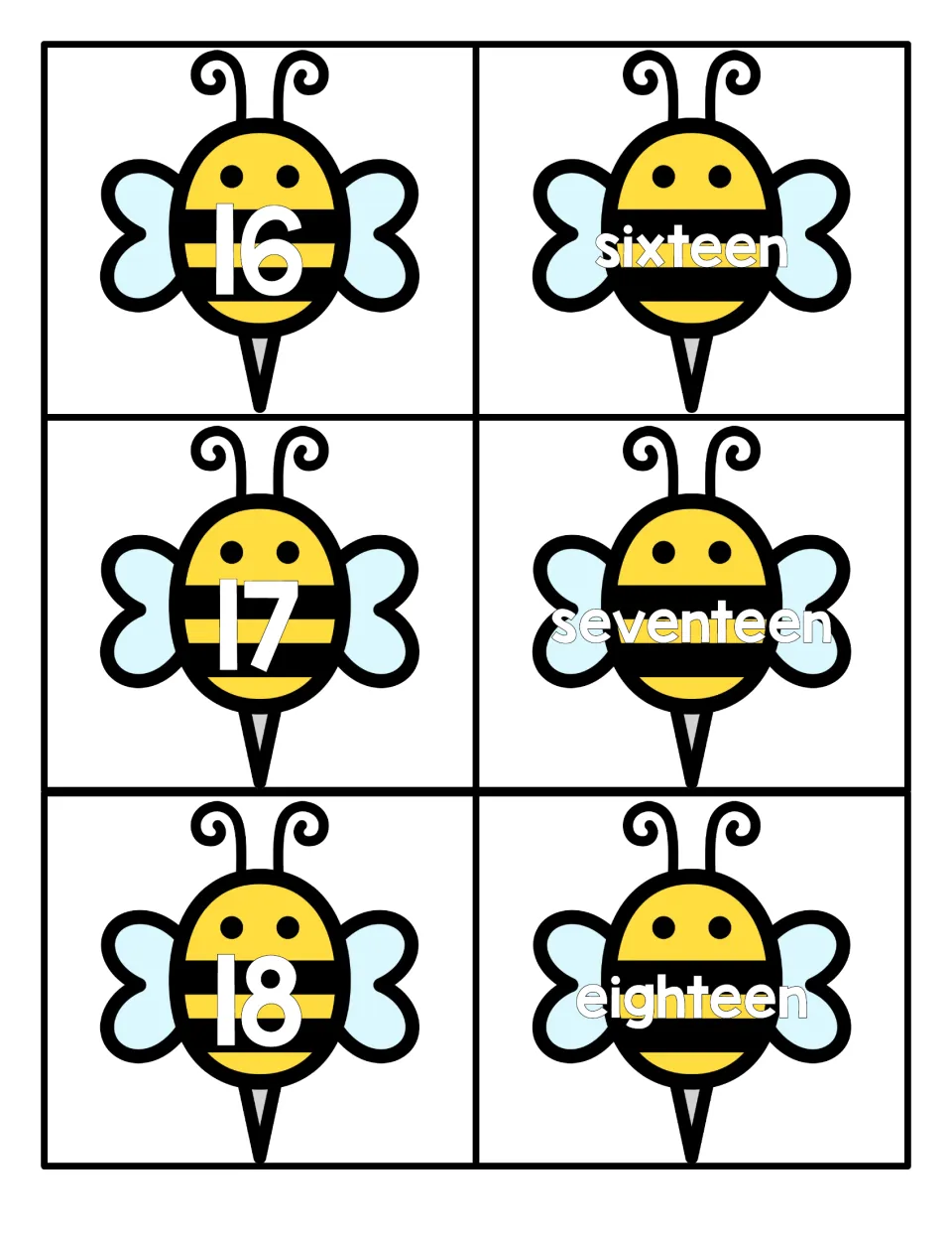Teen numbers 16 to 18: bees with numerals 16, 17 and 18 beside bees spelling sixteen, seventeen and eighteen to match