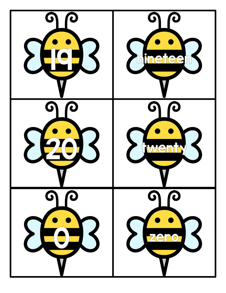Numbers 19, 20 and 0: bee cards pair numerals 19, 20 and 0 with the words nineteen, twenty and zero for matching