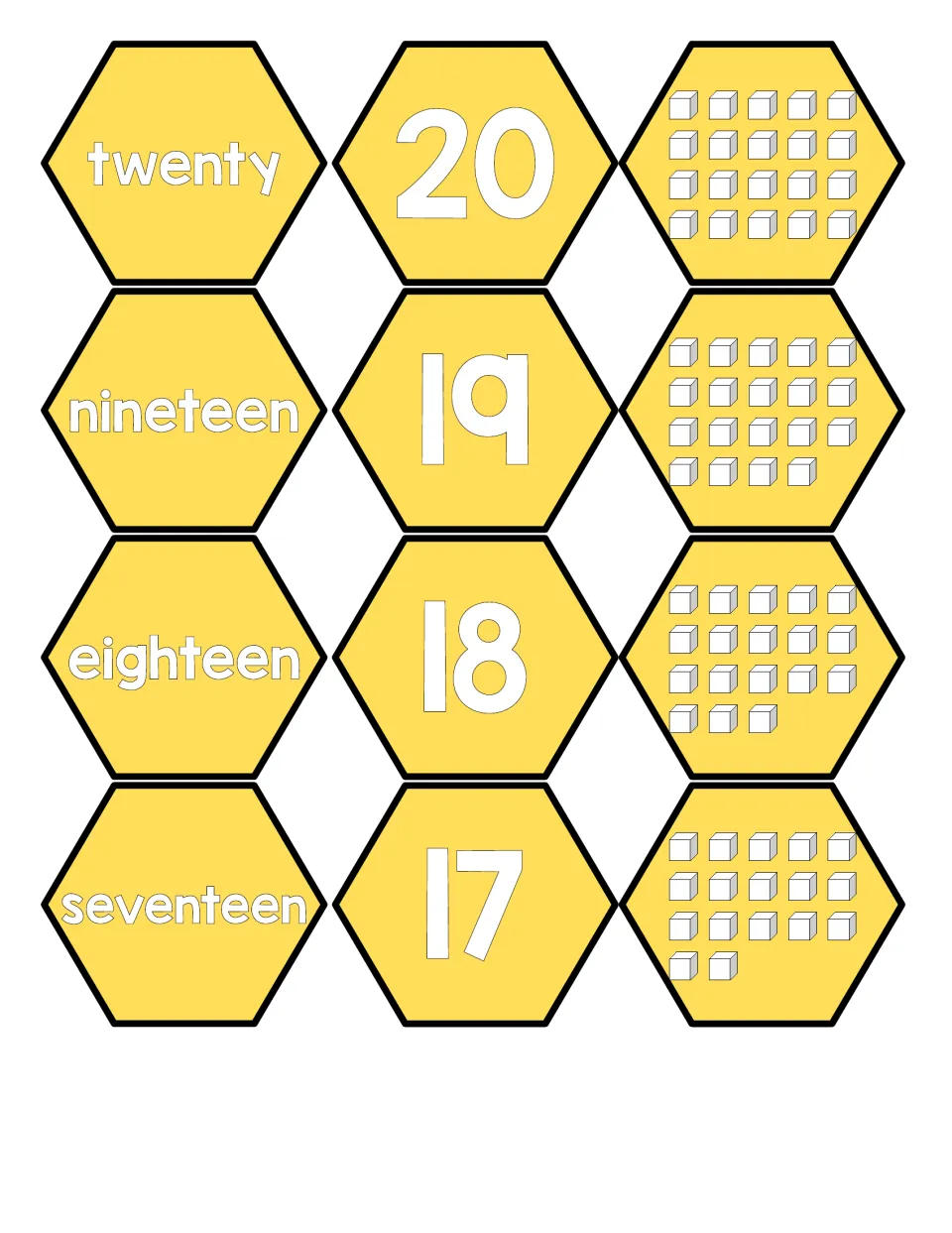 Numbers 17-20 honeycomb pieces: students match each number word, such as twenty, to its numeral and its set of cubes