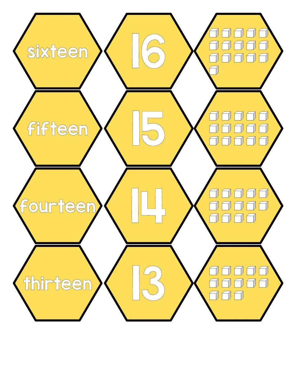 Numbers 13-16 honeycomb pieces: match the words sixteen to thirteen with numerals 16 to 13 and the right count of cubes