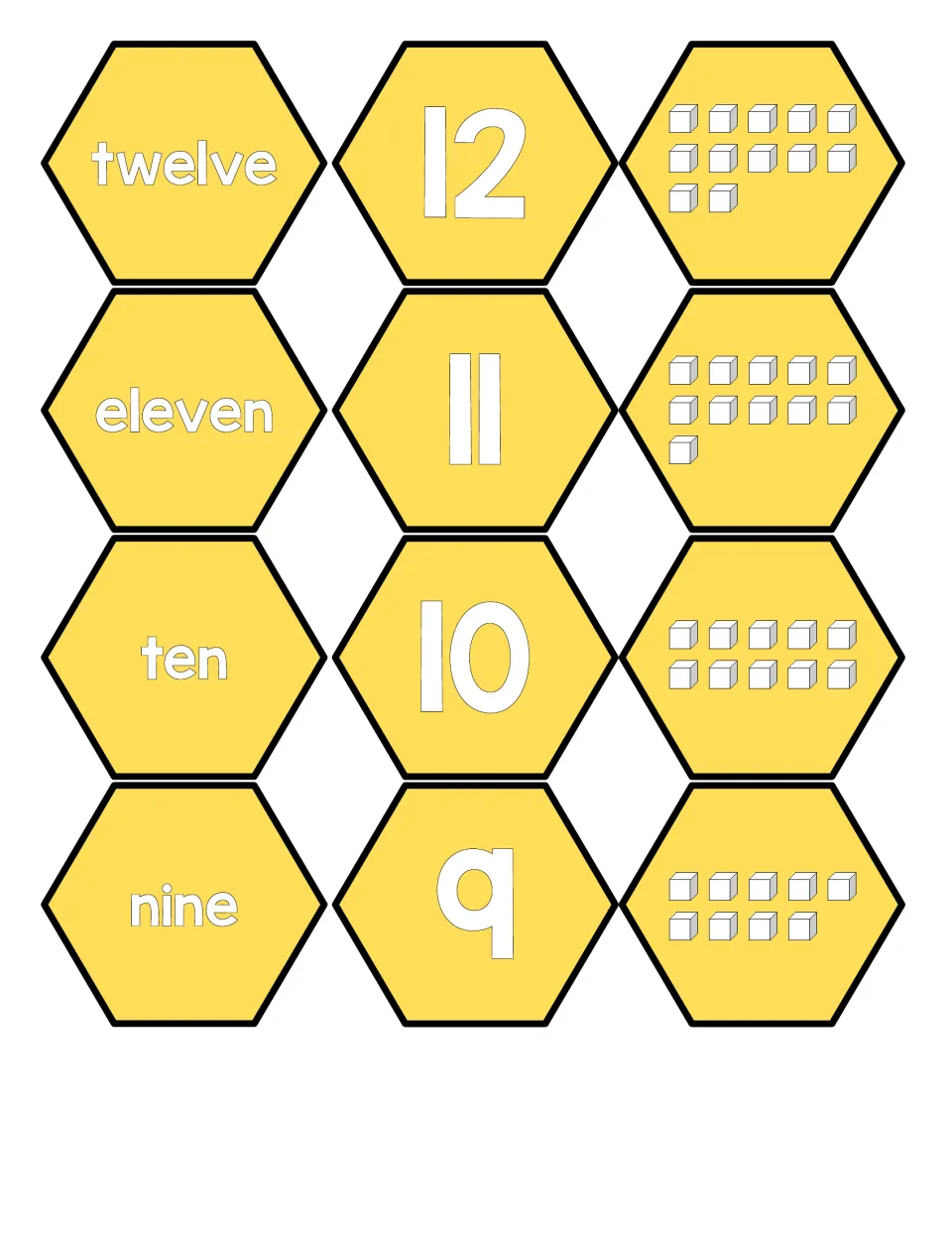 Numbers 9-12 honeycomb pieces: children pair twelve, eleven, ten and nine with their numerals and count cubes to match each