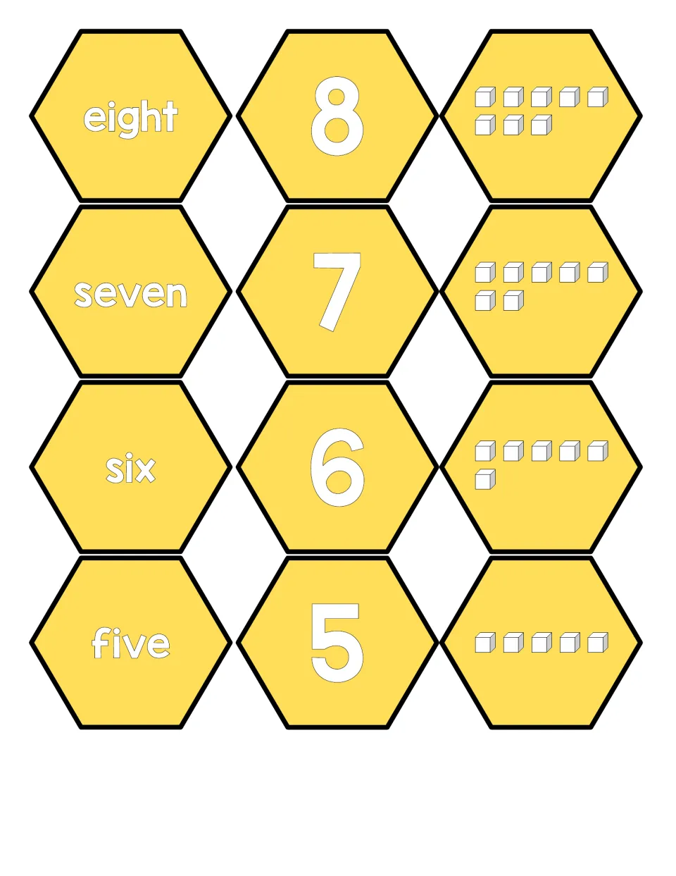 Numbers 5-8 honeycomb pieces: number words eight, seven, six and five match numerals 8 to 5 and cube sets for counting