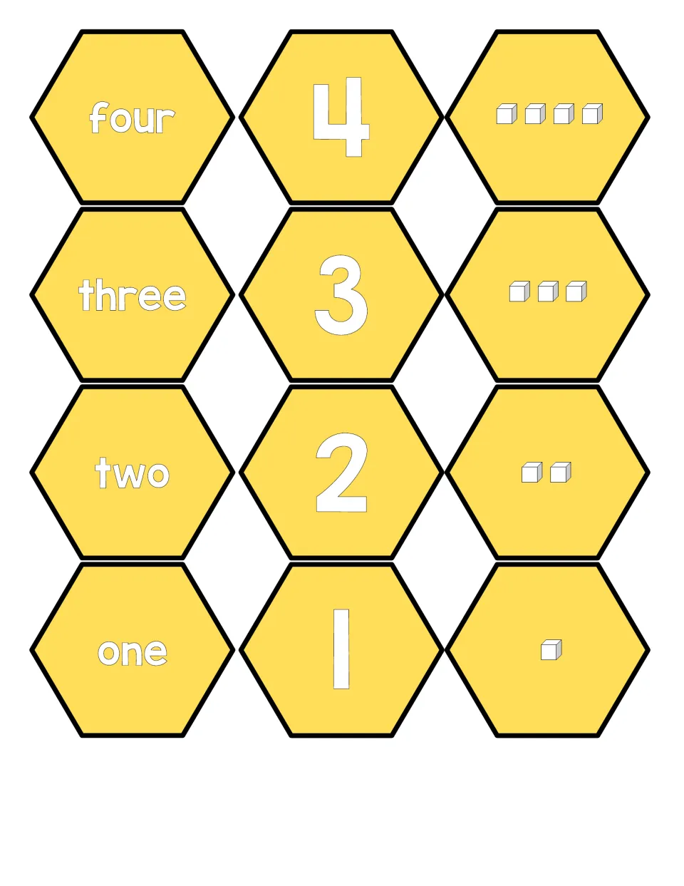 Numbers 1-4 honeycomb pieces: match four, three, two and one to numerals 4 to 1 and to 4, 3, 2 and 1 cubes