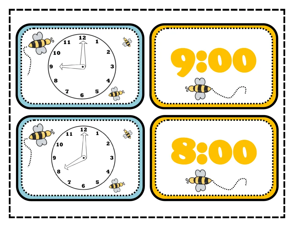 Telling time to the hour cards: analog clocks showing 9 and 8 o'clock with matching digital cards reading 9:00 and 8:00