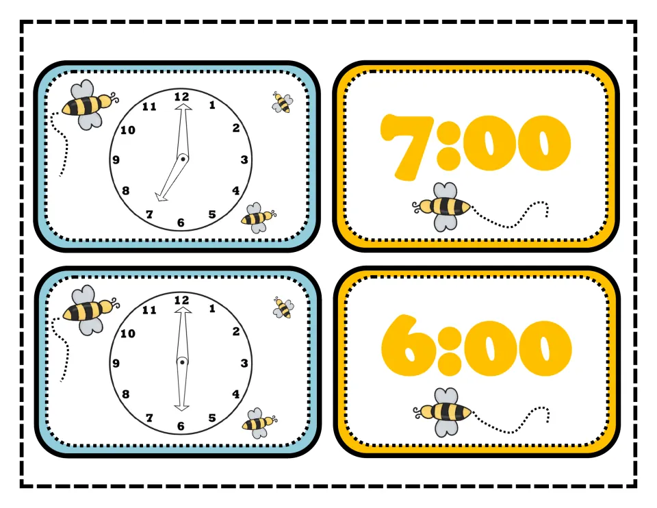 Hour matching cards: analog clocks set to 7 o'clock and 6 o'clock beside digital time cards reading 7:00 and 6:00