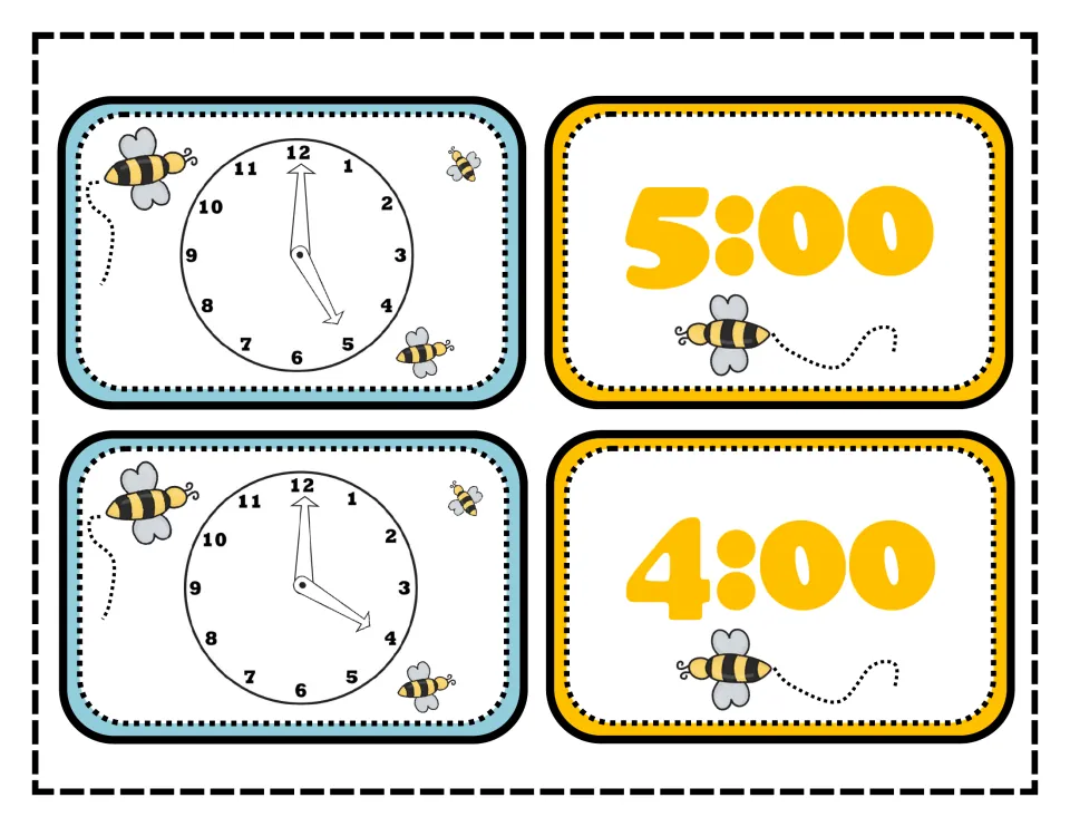 Analog-to-digital match cards: clock faces showing 5 o'clock and 4 o'clock paired with digital cards for 5:00 and 4:00