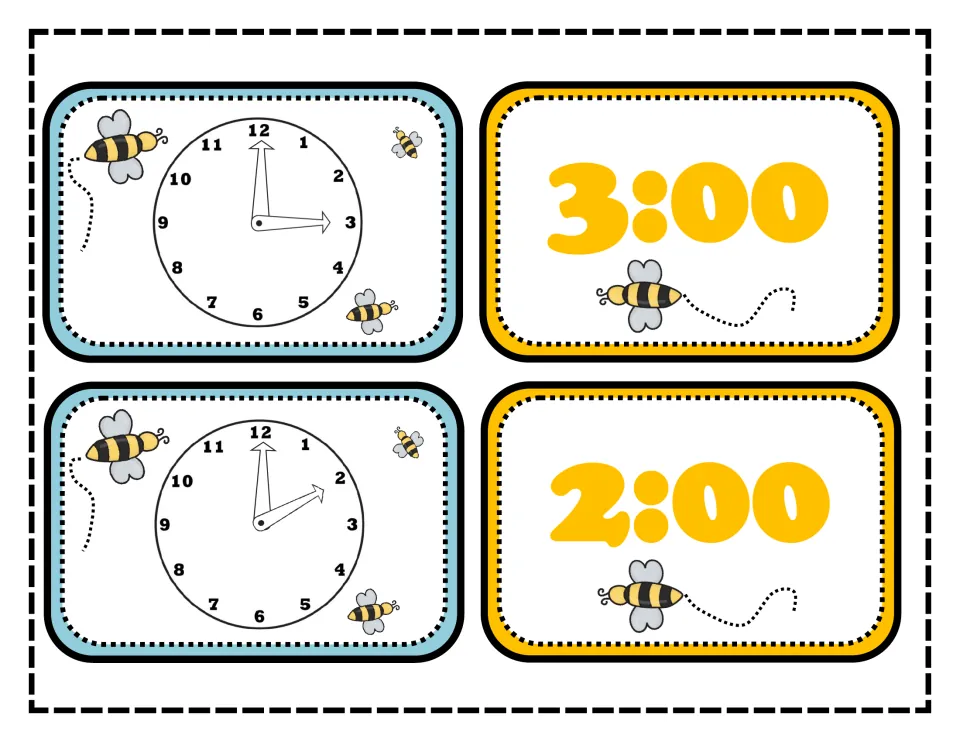 Time to the hour cards: analog clocks at 3 o'clock and 2 o'clock with digital matches reading 3:00 and 2:00 for pairing