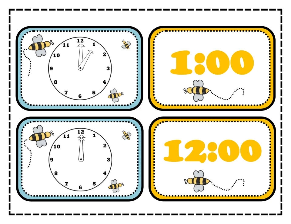 Matching clock cards: analog faces set to 1 o'clock and 12 o'clock alongside digital cards showing 1:00 and 12:00