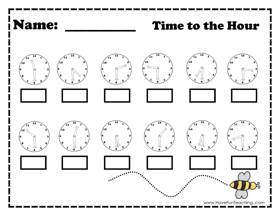 Time to the Hour practice: students read 12 analog clocks, each with the minute hand on the 6, and write the time in a box