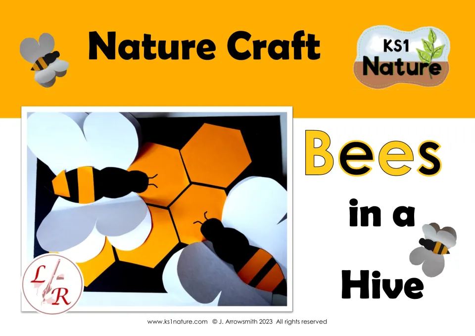 Nature Craft: Bees in a Hive cover showing a finished paper collage of two striped bees on orange hexagon honeycomb