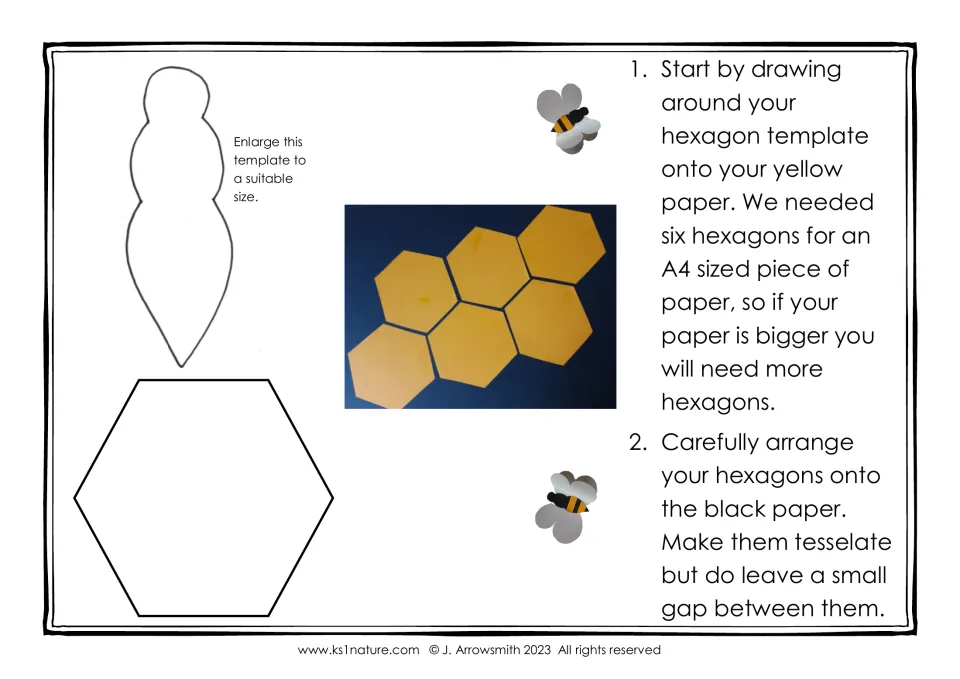 Bee body and hexagon templates with steps 1-2: trace six yellow hexagons and arrange them to tessellate on black paper