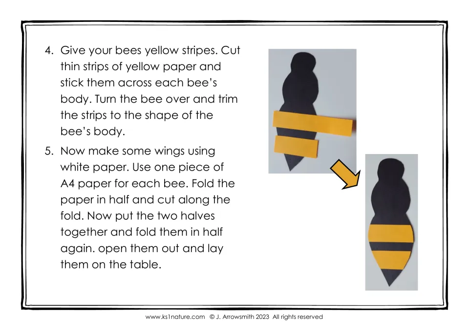 Steps 4-5 of the bee craft: glue yellow paper strips across the black bee body, trim them, then fold white paper for wings