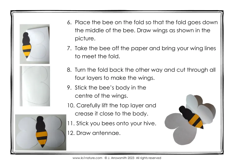 Steps 6-12: draw wings on folded paper, cut four layers, glue the body in the centre, add bees to the hive, draw antennae