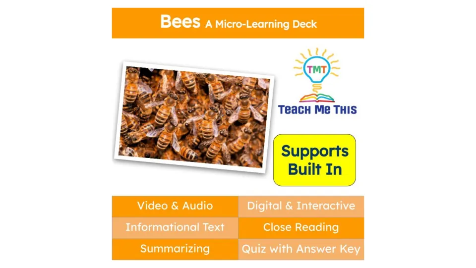 Cover of Bees: A Micro-Learning Deck, listing video, audio, informational text, close reading, and a quiz