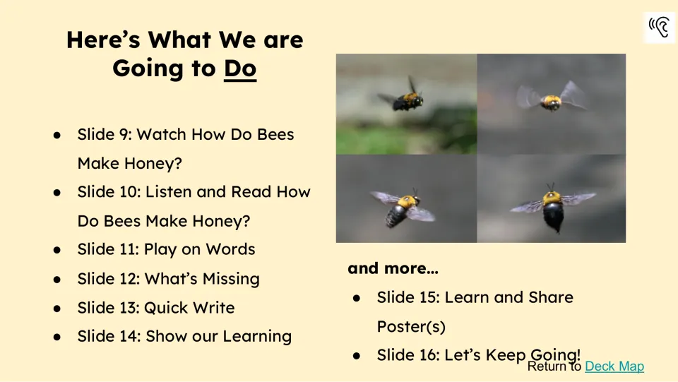 Activity preview for slides 9–16 lists watching, reading, word work, quick writing, and sharing posters