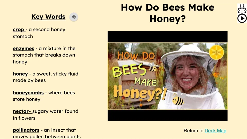 Honey-making video and vocabulary slide defining crop, enzymes, honey, honeycombs, nectar, and pollinators
