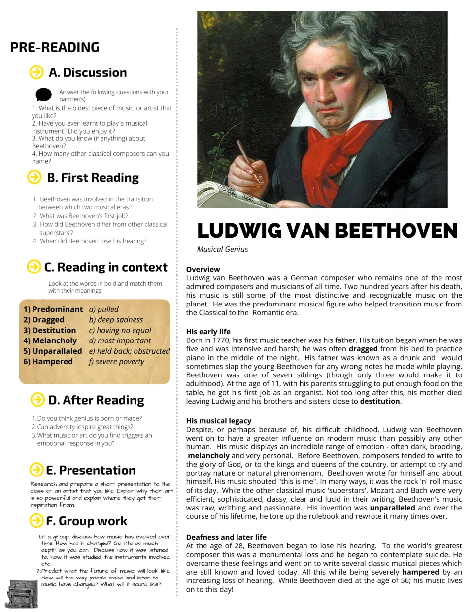 Ludwig van Beethoven biography reading: students discuss, answer 4 questions, match 6 bold words and plan a presentation