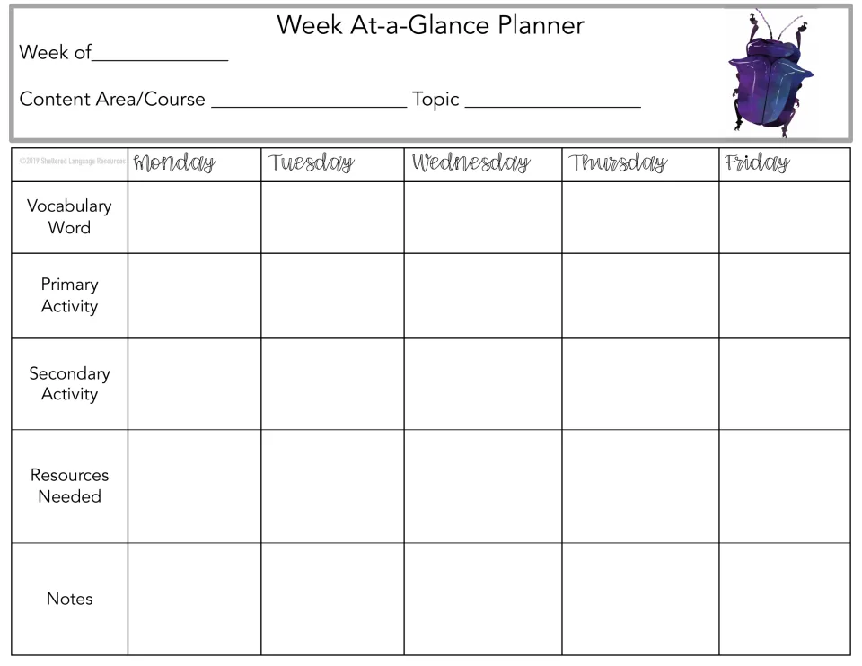 Week At-a-Glance Planner, purple beetle: teachers plan Monday-Friday vocabulary words, activities, resources and notes