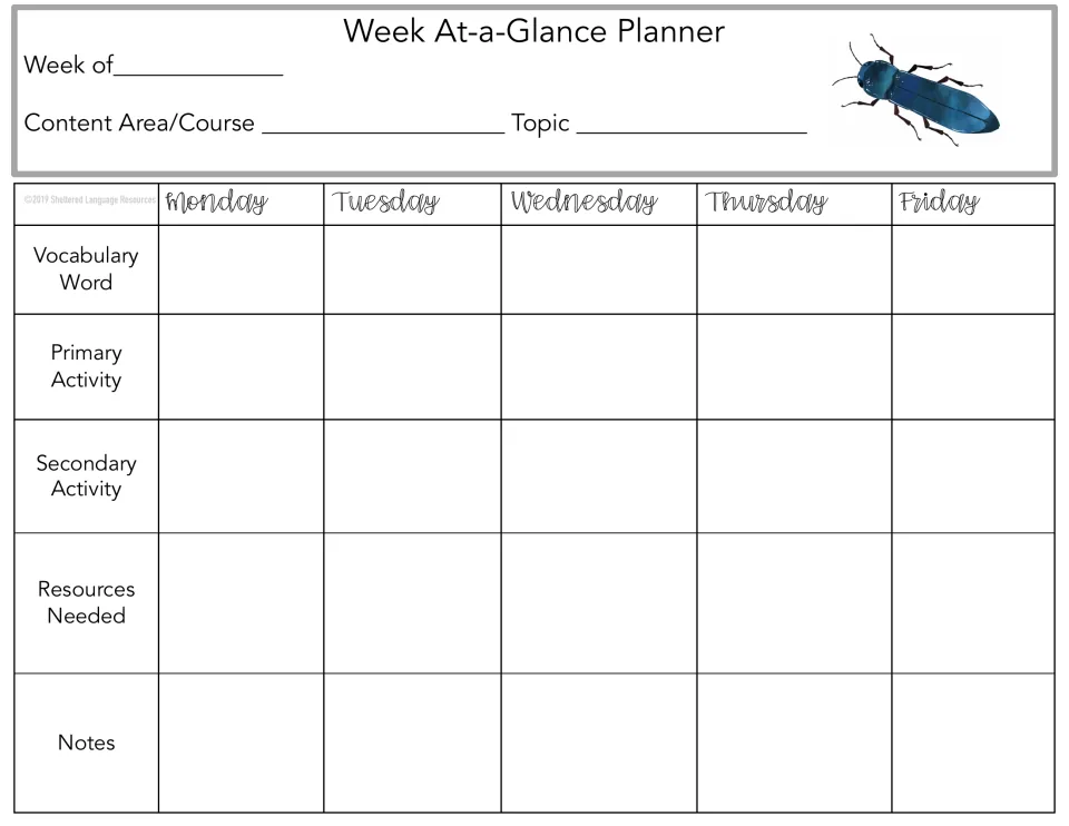 Weekly lesson planner with a slender blue beetle: plan each weekday's vocabulary word, primary and secondary activity