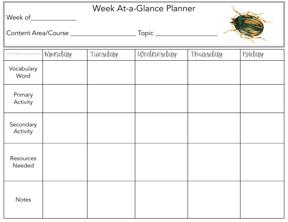 Week At-a-Glance plan sheet, green and gold striped beetle: record week, course, topic and daily resources needed