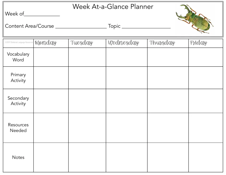 Planner for one school week with a green stag beetle: list Monday to Friday vocabulary, two activities, materials and notes