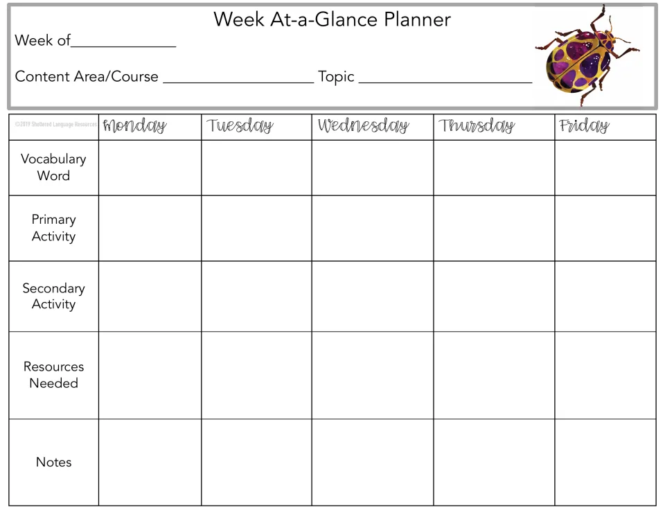 Week At-a-Glance Planner decorated with a gold beetle with purple spots: blank weekday plan for words, activities and notes