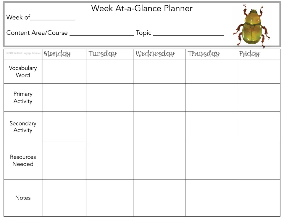 Round olive-green beetle on a weekly planner: write the topic, then each day's vocabulary word and main activity, Mon-Fri