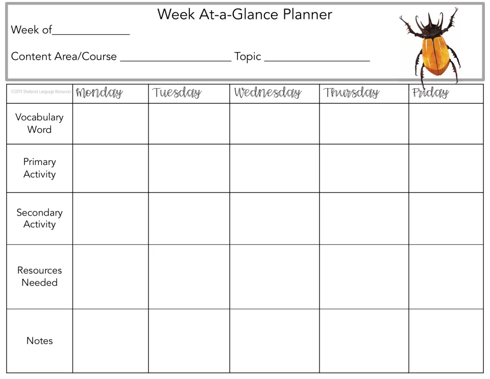 Orange horned beetle on the Week At-a-Glance Planner: note each day's secondary activity, resources and reminders, Mon-Fri